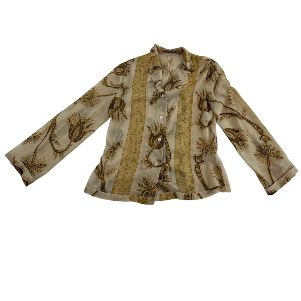 Floral Paisley Button Down Blouse Cream Tan Notched Collar Top 100% Vicose